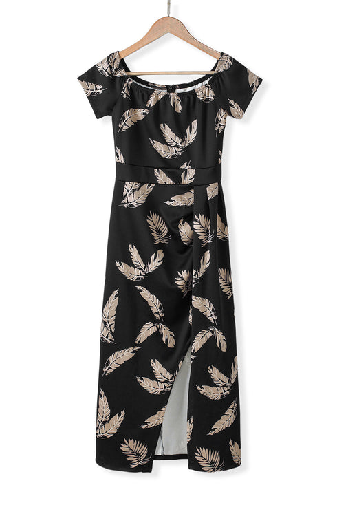 Print Off Shoulder Slit Bodycon Midi Dress